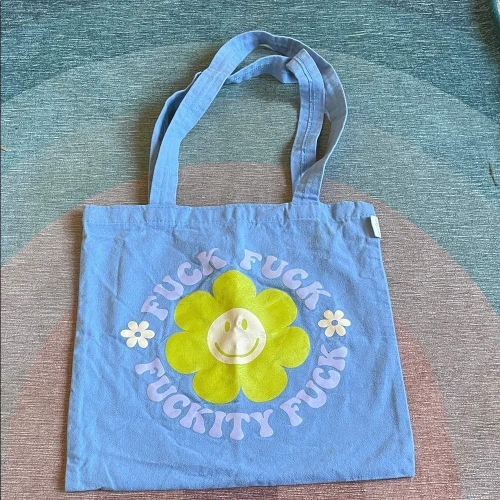 Thinking Out Of Turn Blue Mini Tote Bag with Smiley Flower Design Quote